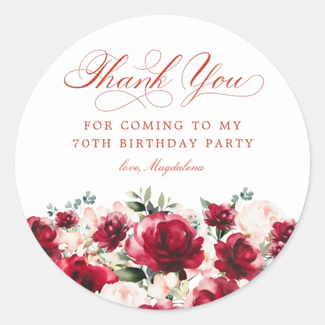 70th Birthday Party Red Pink Floral Thank You Classic Round Sticker (Front)