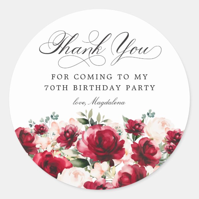 70th Birthday Party Red Pink Floral Thank You Classic Round Sticker (Front)