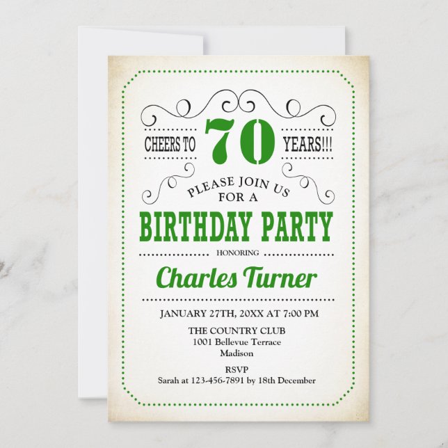 70th Birthday Party - Retro Creamy White and Green Invitation (Front)