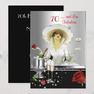 70th Birthday Party Retro Diva Art Deco Red Silver Invitation