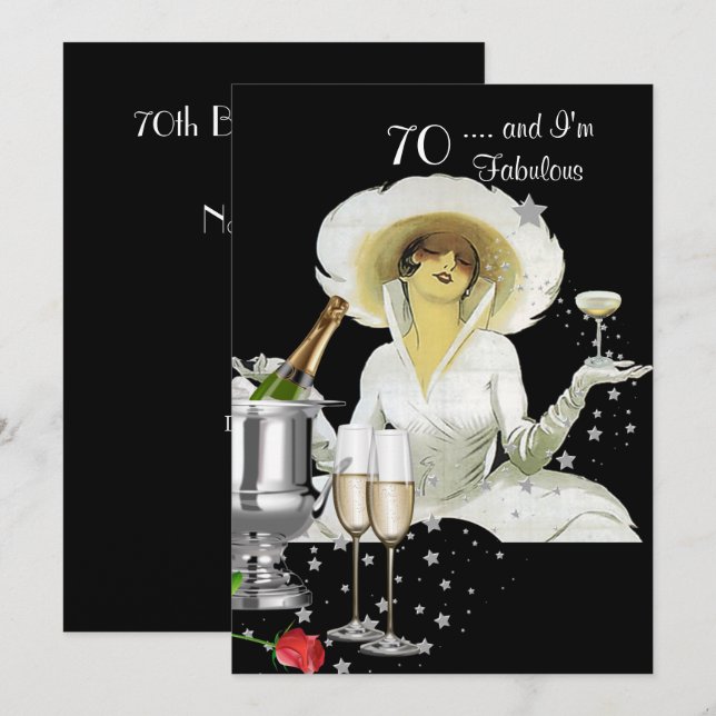 70th Birthday Party Retro Diva Art Deco Red Silver Invitation (Front/Back)
