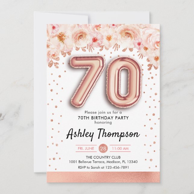 70th Birthday Party - Rose Gold Balloons Invitation (Front)