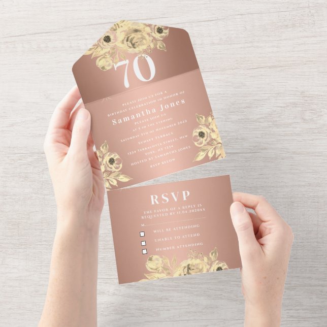 70th Birthday Party Rose Gold Bold Chic Modern All In One Invitation (Tearaway)