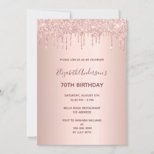 70th birthday party rose gold drips invitation