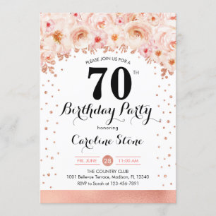 70th Birthday Party - Rose Gold Flowers Invitation