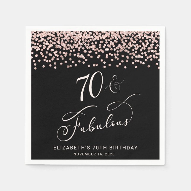 70th Birthday Party Rose Gold Glitter Black Napkin (Front)