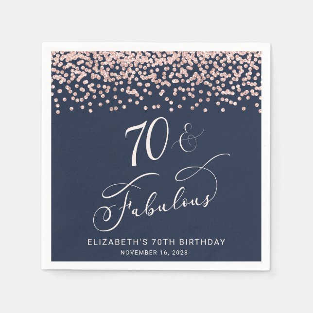 70th Birthday Party Rose Gold Glitter Blue Napkin (Front)