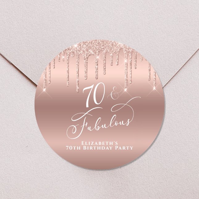 70th Birthday Party Rose Gold Glitter Classic Round Sticker (Creator Uploaded)