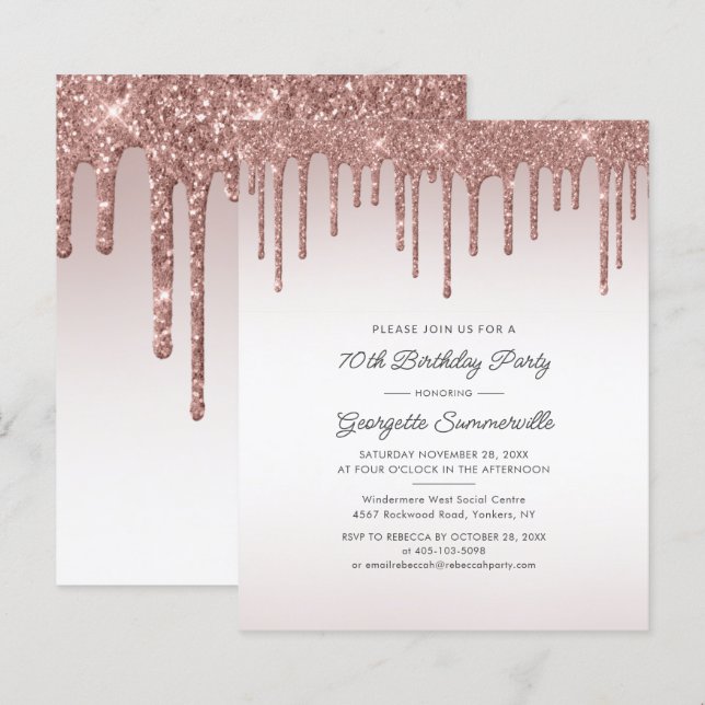 70th Birthday Party Rose Gold Glitter Drip Invite (Front/Back)