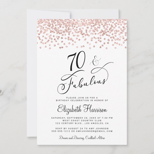 70th Birthday Party Rose Gold Glitter Invitation (Front)