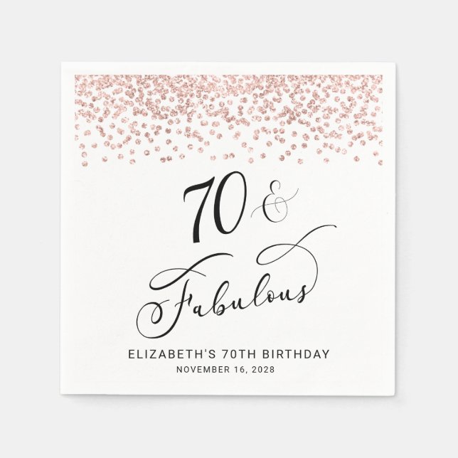 70th Birthday Party Rose Gold Glitter Napkin (Front)
