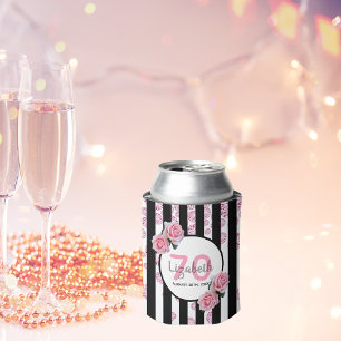 70th birthday party roses pink diamonds stripes can cooler
