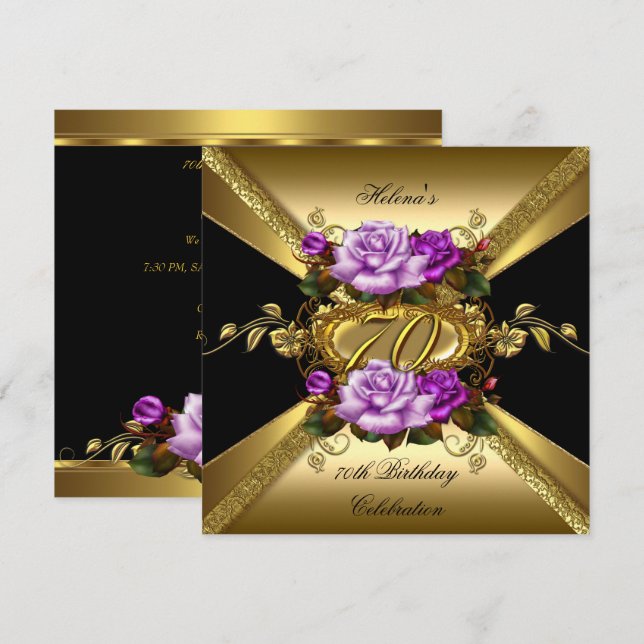 70th Birthday Party Roses Purple Gold Black Invitation (Front/Back)