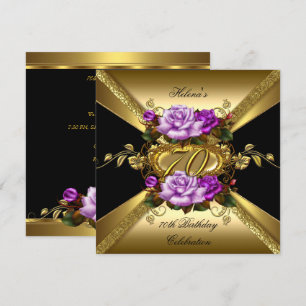 70th Birthday Party Roses Purple Gold Black Invitation