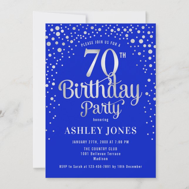 70th Birthday Party - Royal Blue & Silver Invitation (Front)