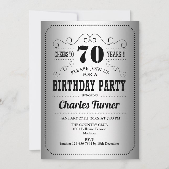 70th Birthday Party - Silver Black Invitation (Front)