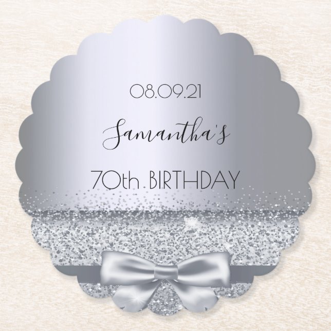 70th birthday party silver bow elegant paper coaster (Front)