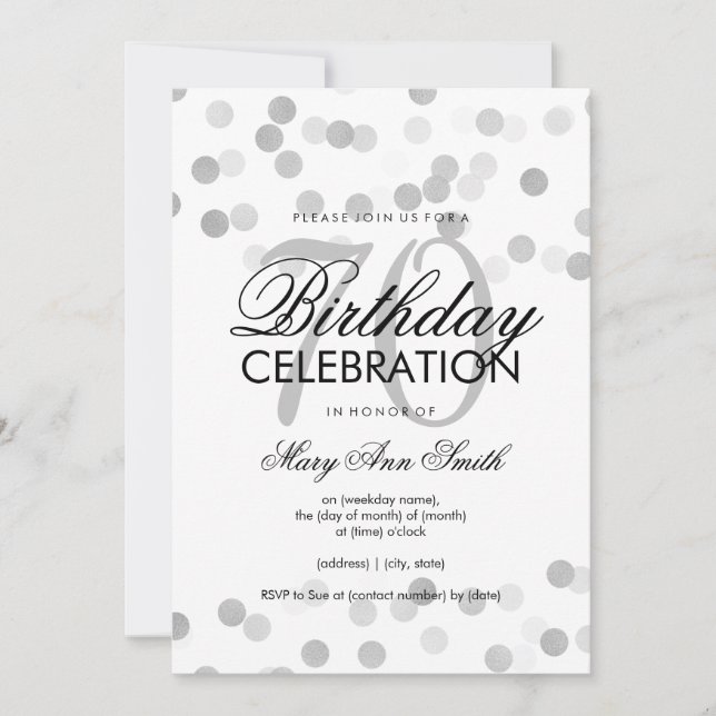 70th Birthday Party Silver Foil Glitter Lights Invitation (Front)