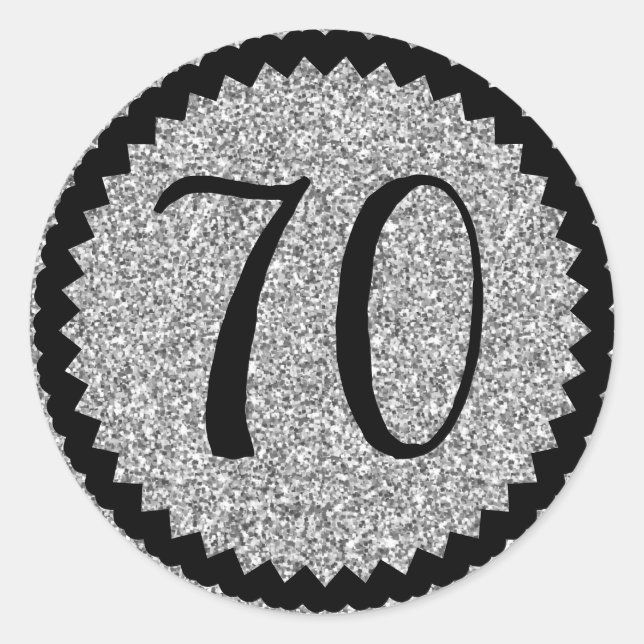 70th Birthday Party Silver Glitter Classic Classic Round Sticker (Front)