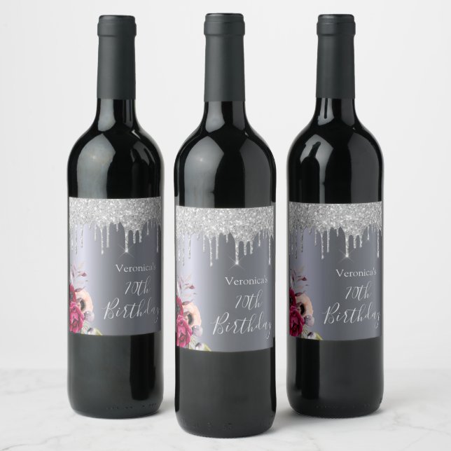70th birthday party silver glitter drips floral wine label (Bottles)