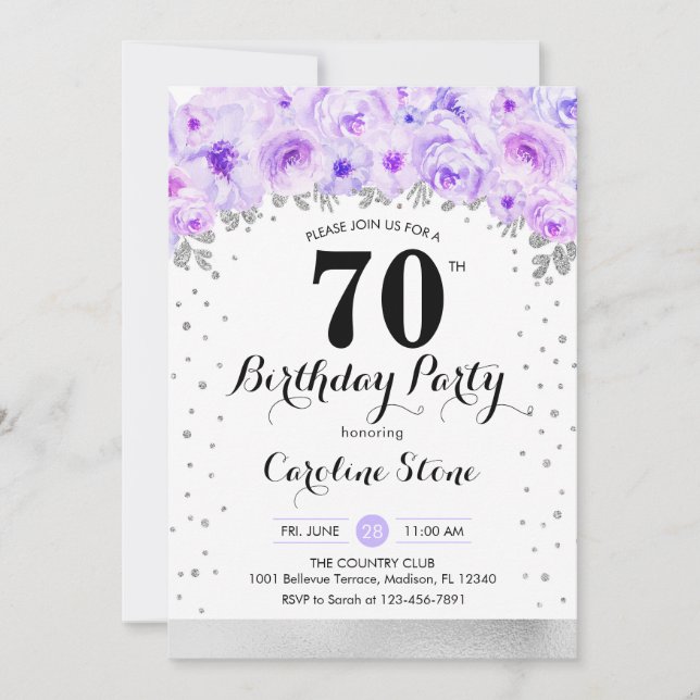 70th Birthday Party - Silver Purple Flowers Invitation (Front)