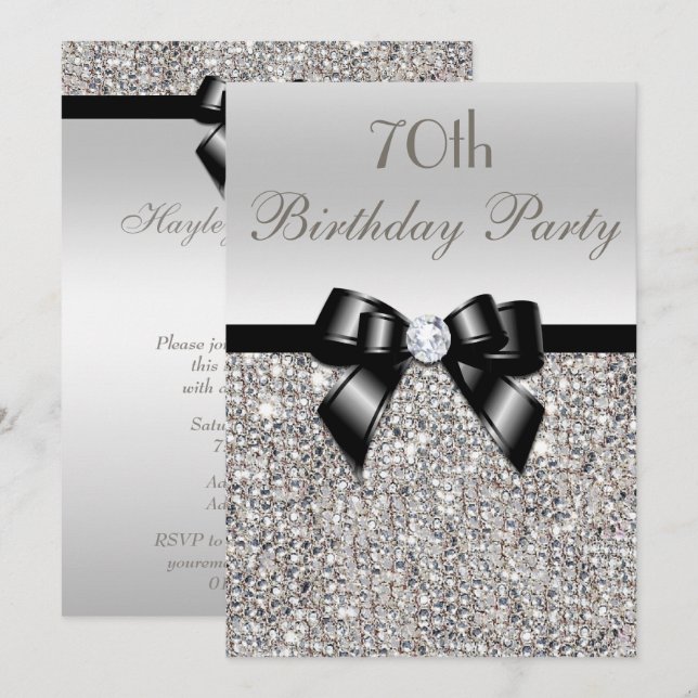 70th Birthday Party Silver Sequins Black Bow Invitation (Front/Back)