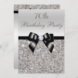 70th Birthday Party Silver Sequins Black Bow Invitation<br><div class="desc">Woman's 70th birthday party invitations. Elegant custom silver seventieth / seventy years old Birthday Party invitations for women with a pretty silver printed sequins pattern, a cute black bow and ribbon image and printed diamond bling jewel. These contemporary, sophisticated, classy, stylish, feminine, glamourous personalised invites are decorated on both sides....</div>