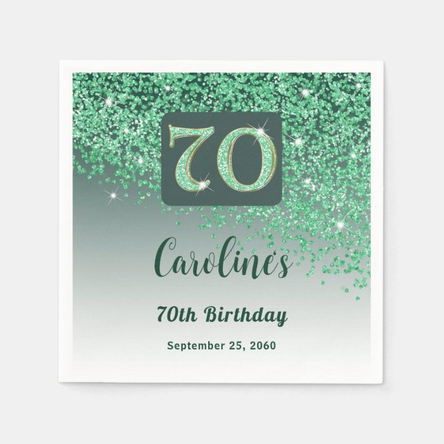 70th Birthday Party Sparkle Green Glitter Napkin (Front)
