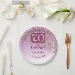 70th Birthday Party Sparkle Rose Gold Glitter Paper Plate