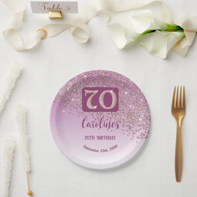 70th Birthday Party Sparkle Rose Gold Glitter Paper Plate (Wedding)