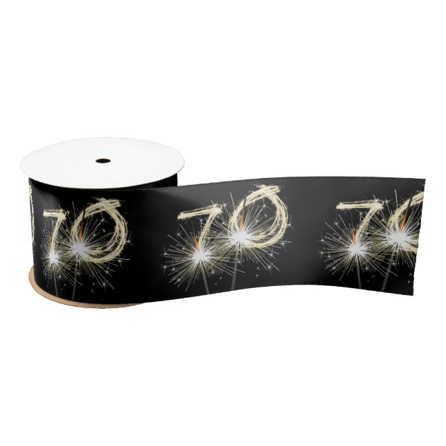 70th Birthday Party Sparklers on Black   Satin Ribbon (Spool)