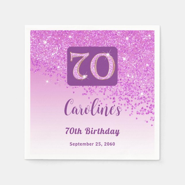 70th Birthday Party Sparkling Pink Glitter Napkin (Front)