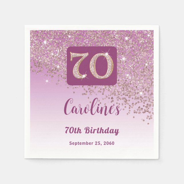 70th Birthday Party Sparkling Rose Gold Glitter Napkin (Front)