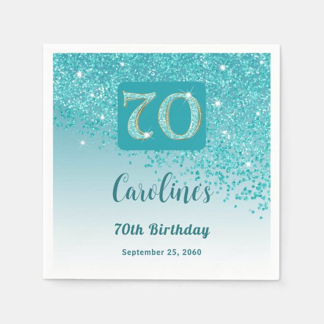 70th Birthday Party Sparkling Teal Blue Glitter Napkin (Front)