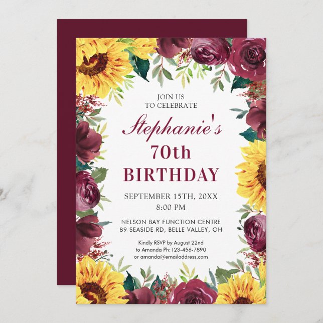 70th Birthday Party Sunflower Burgundy Rose Border Invitation (Front/Back)