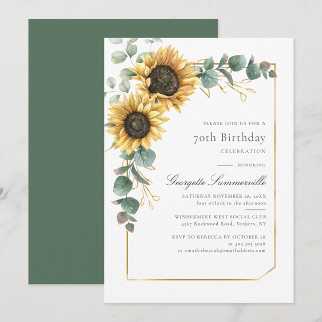 70th Birthday Party Sunflower Eucalyptus Botanical Invitation (Front/Back)