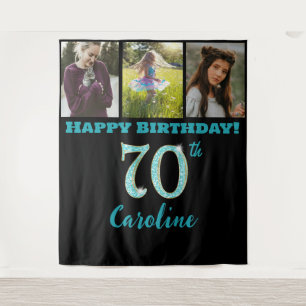 70th Birthday Party, Teal Blue Glitter & 3 photos Tapestry
