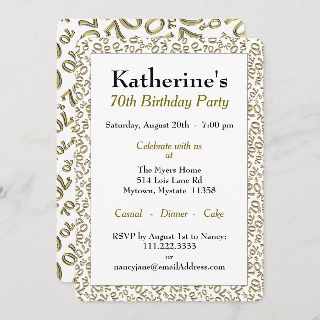 70th Birthday Party Theme - Gold and White Pattern Invitation (Front/Back)