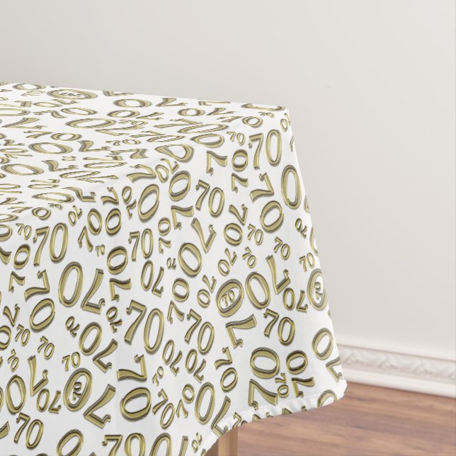 70th Birthday Party Theme, White and Gold Tablecloth (In Situ)