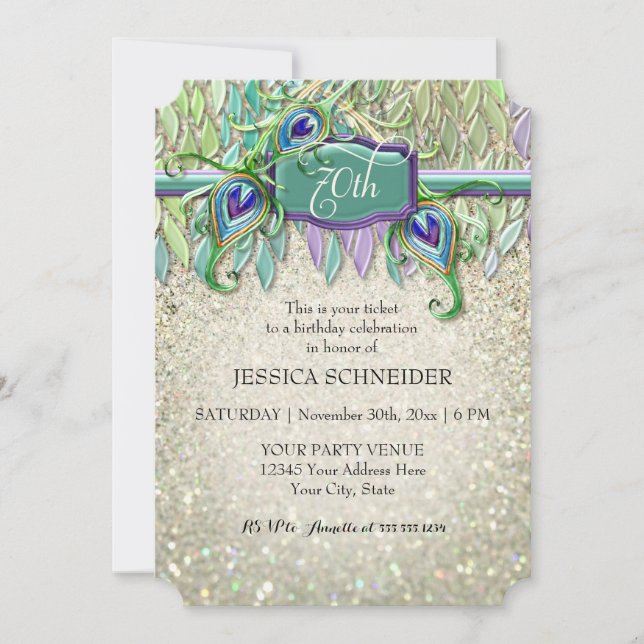 70th Birthday Party Ticket Peacock Feather Invitation (Front)