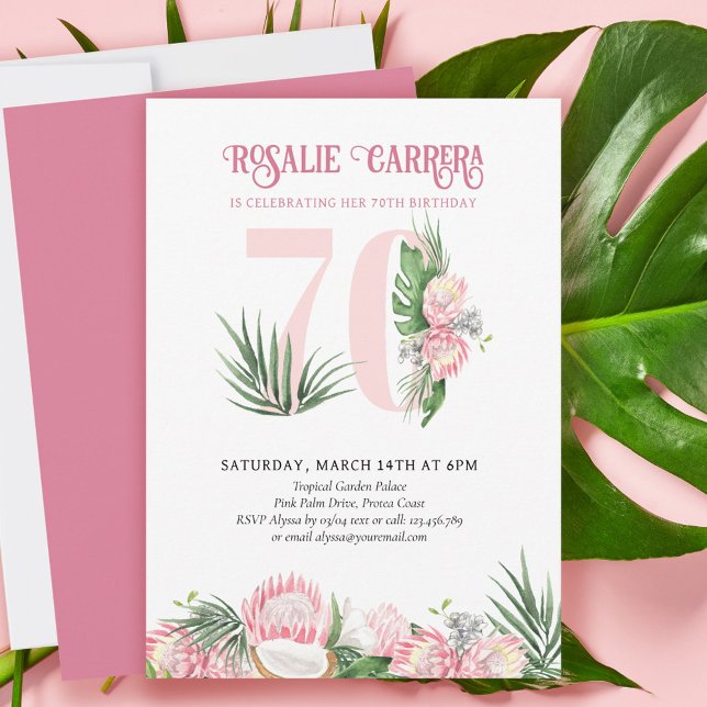 70th Birthday Party Tropical Pink Protea Number 70 Invitation (Creator Uploaded)