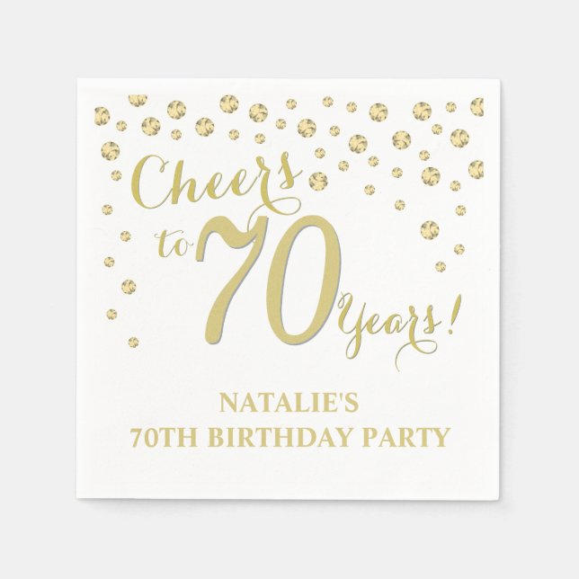 70th Birthday Party White and Gold Diamond Napkins (Front)