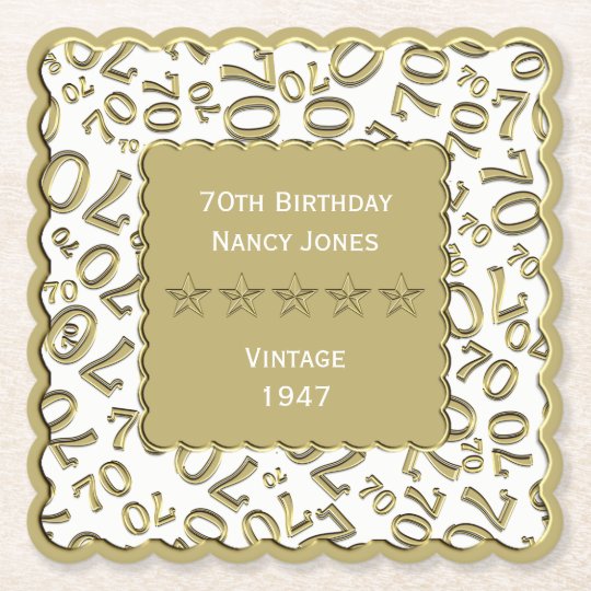 70th Birthday Party White and Gold Theme Paper Coaster