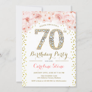 70th Birthday Party - White Gold Pink Invitation