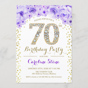 70th Birthday Party - White Gold Purple Invitation
