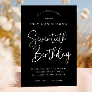 70th Birthday Party White on Black Typography Invitation