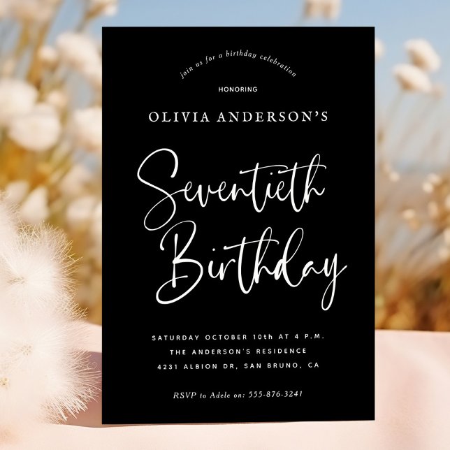 70th Birthday Party | White on Black Typography Invitation (Creator Uploaded)