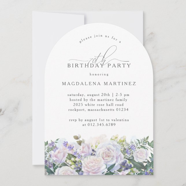 70th Birthday Party White Rose Blue Floral Invitation (Front)