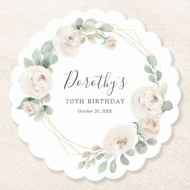 70th Birthday Party White Rose Floral Custom Paper Coaster (Front)