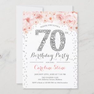 70th Birthday Party - White Silver Pink Invitation